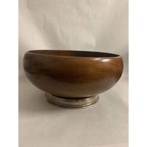 Vintage Wood Serving Bowl, Decorative Wood Bowl, on Molded Silver Base, Salad...